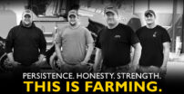 Persistence. Honesty. Strength. Text in front of 4 family farmers