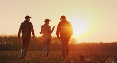 3 farmers walking toward some trees at sunset